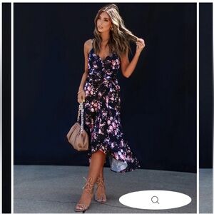 VICI Satin Floral Wrap Midi Dress - Black Floral